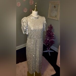 H&M Silver Sequin Dress with Puff Sleeves Sz M sparkly holiday midi short sleeve